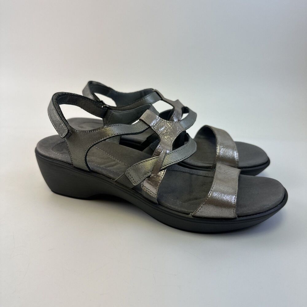 Naot Wedge Sandal Gray Silver Metallic Strappy Adjustable Slingback 40 9-9.5